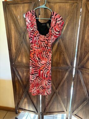 Coral and Black Midi Dress with Abstract Print